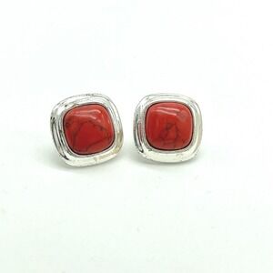 Red Stone Clip On‎ Earrings Square Silver Tone Costume Jewelry